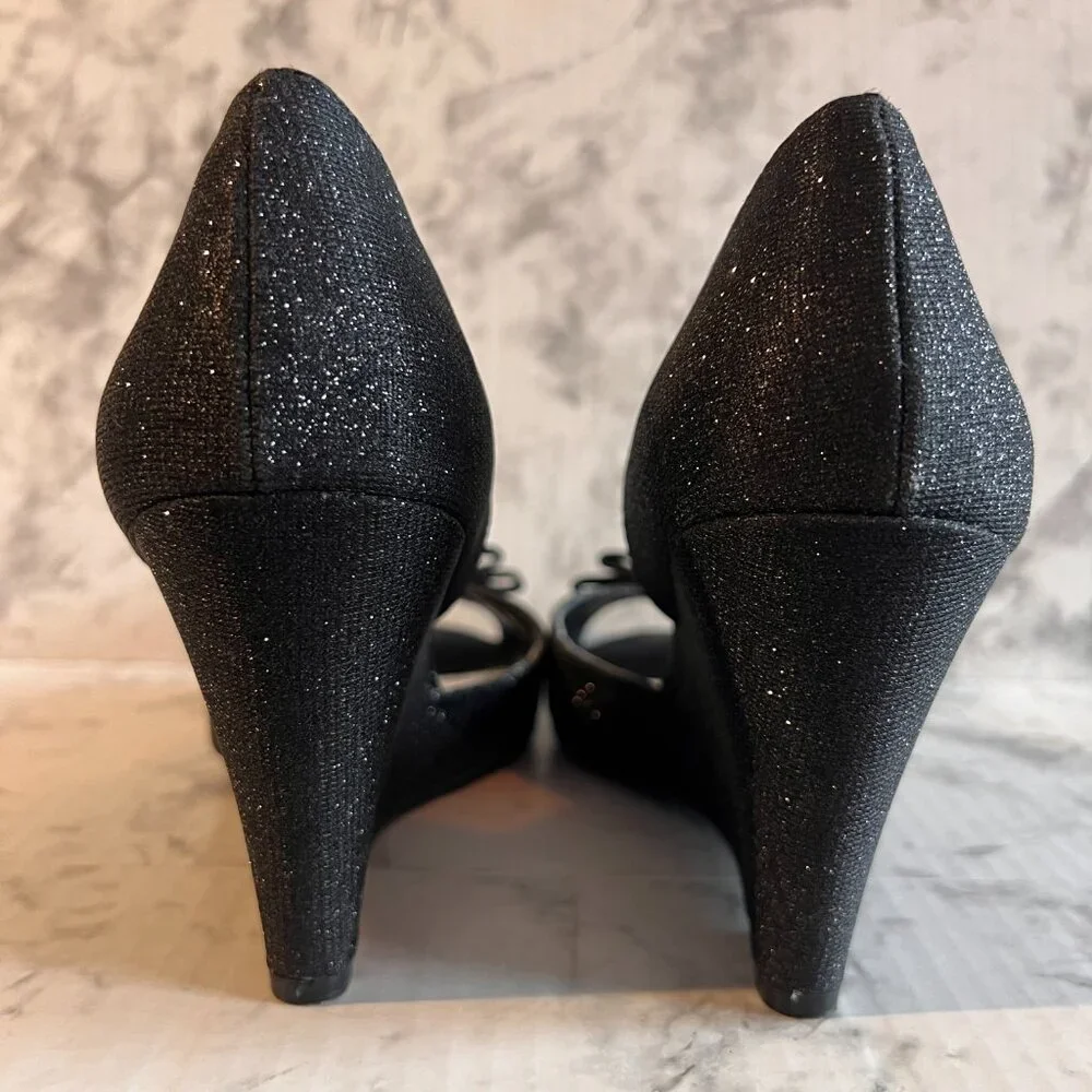 Nina Veleria Wedges Size 7 Black Glitterati‎ Rhinestone Detail Open Toe …